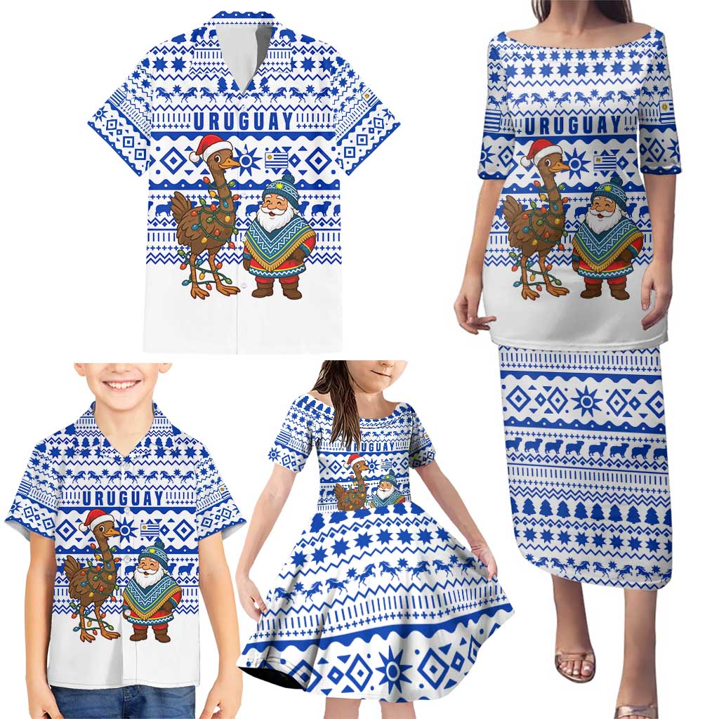 Uruguay Christmas Family Matching Puletasi and Hawaiian Shirt with Santa Claus Rhea Bird Holiday Lights and Blue Geometric Pattern - Wonder Print Shop
