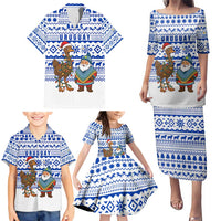 Uruguay Christmas Family Matching Puletasi and Hawaiian Shirt with Santa Claus Rhea Bird Holiday Lights and Blue Geometric Pattern - Wonder Print Shop
