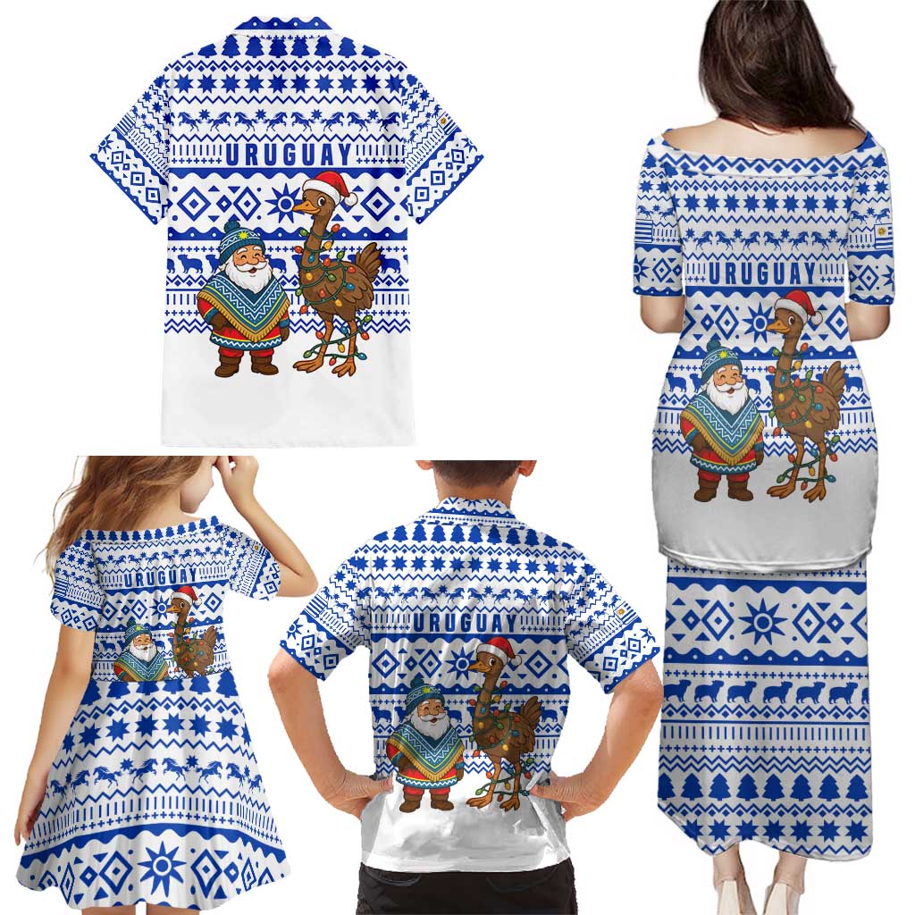 Uruguay Christmas Family Matching Puletasi and Hawaiian Shirt with Santa Claus Rhea Bird Holiday Lights and Blue Geometric Pattern - Wonder Print Shop
