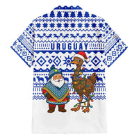 Uruguay Christmas Family Matching Puletasi and Hawaiian Shirt with Santa Claus Rhea Bird Holiday Lights and Blue Geometric Pattern - Wonder Print Shop