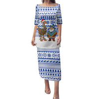 Uruguay Christmas Family Matching Puletasi and Hawaiian Shirt with Santa Claus Rhea Bird Holiday Lights and Blue Geometric Pattern - Wonder Print Shop