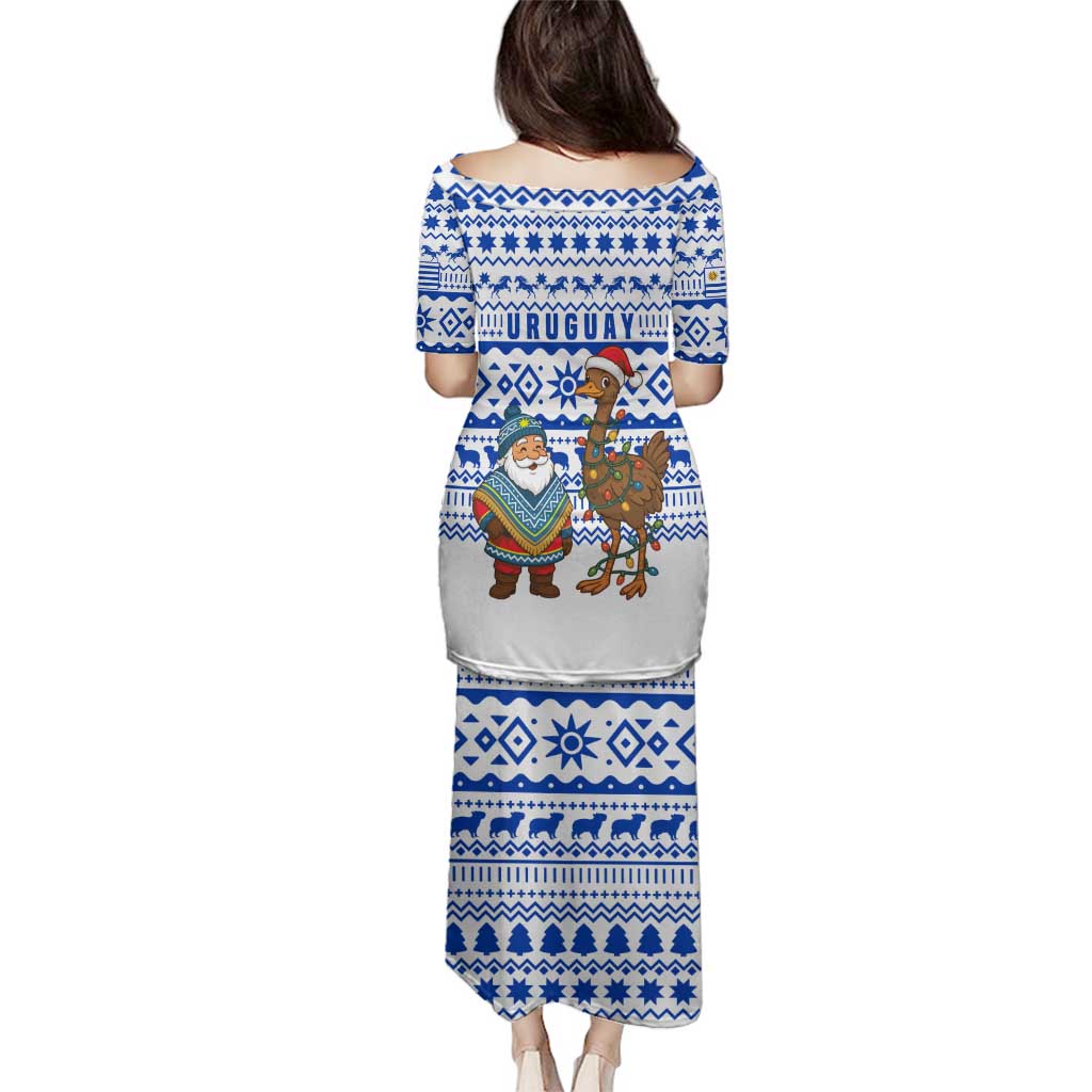 Uruguay Christmas Family Matching Puletasi and Hawaiian Shirt with Santa Claus Rhea Bird Holiday Lights and Blue Geometric Pattern - Wonder Print Shop