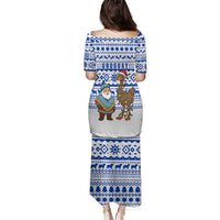 Uruguay Christmas Family Matching Puletasi and Hawaiian Shirt with Santa Claus Rhea Bird Holiday Lights and Blue Geometric Pattern - Wonder Print Shop