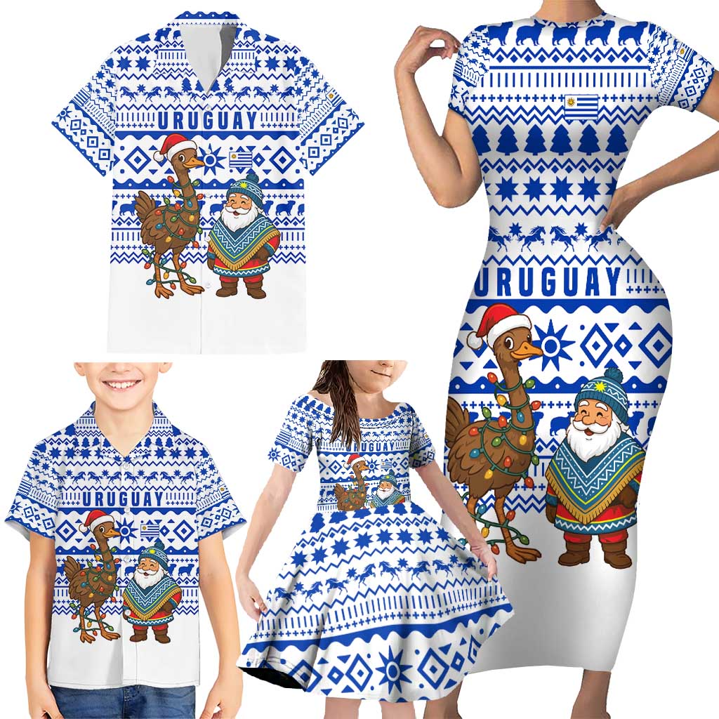Uruguay Christmas Family Matching Short Sleeve Bodycon Dress and Hawaiian Shirt with Santa Claus Rhea Bird Holiday Lights and Blue Geometric Pattern - Wonder Print Shop