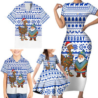 Uruguay Christmas Family Matching Short Sleeve Bodycon Dress and Hawaiian Shirt with Santa Claus Rhea Bird Holiday Lights and Blue Geometric Pattern - Wonder Print Shop