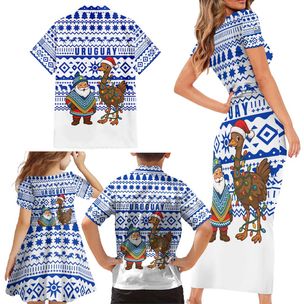 Uruguay Christmas Family Matching Short Sleeve Bodycon Dress and Hawaiian Shirt with Santa Claus Rhea Bird Holiday Lights and Blue Geometric Pattern - Wonder Print Shop