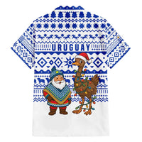 Uruguay Christmas Family Matching Short Sleeve Bodycon Dress and Hawaiian Shirt with Santa Claus Rhea Bird Holiday Lights and Blue Geometric Pattern - Wonder Print Shop