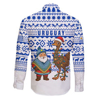 Uruguay Christmas Family Matching Short Sleeve Bodycon Dress and Hawaiian Shirt with Santa Claus Rhea Bird Holiday Lights and Blue Geometric Pattern - Wonder Print Shop