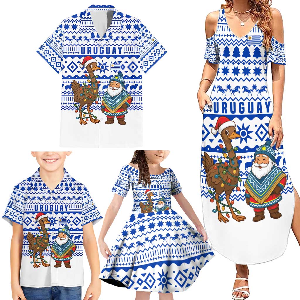 Uruguay Christmas Family Matching Summer Maxi Dress and Hawaiian Shirt with Santa Claus Rhea Bird Holiday Lights and Blue Geometric Pattern - Wonder Print Shop