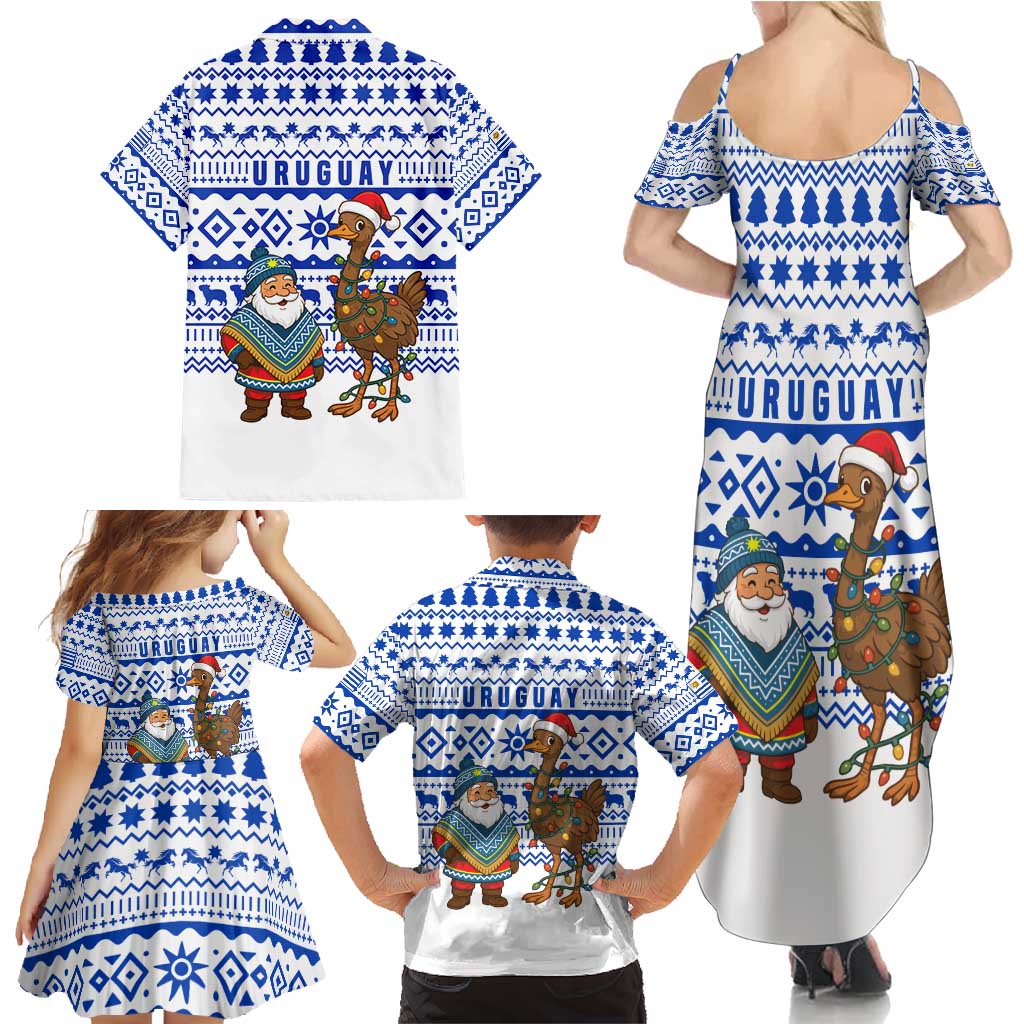 Uruguay Christmas Family Matching Summer Maxi Dress and Hawaiian Shirt with Santa Claus Rhea Bird Holiday Lights and Blue Geometric Pattern - Wonder Print Shop