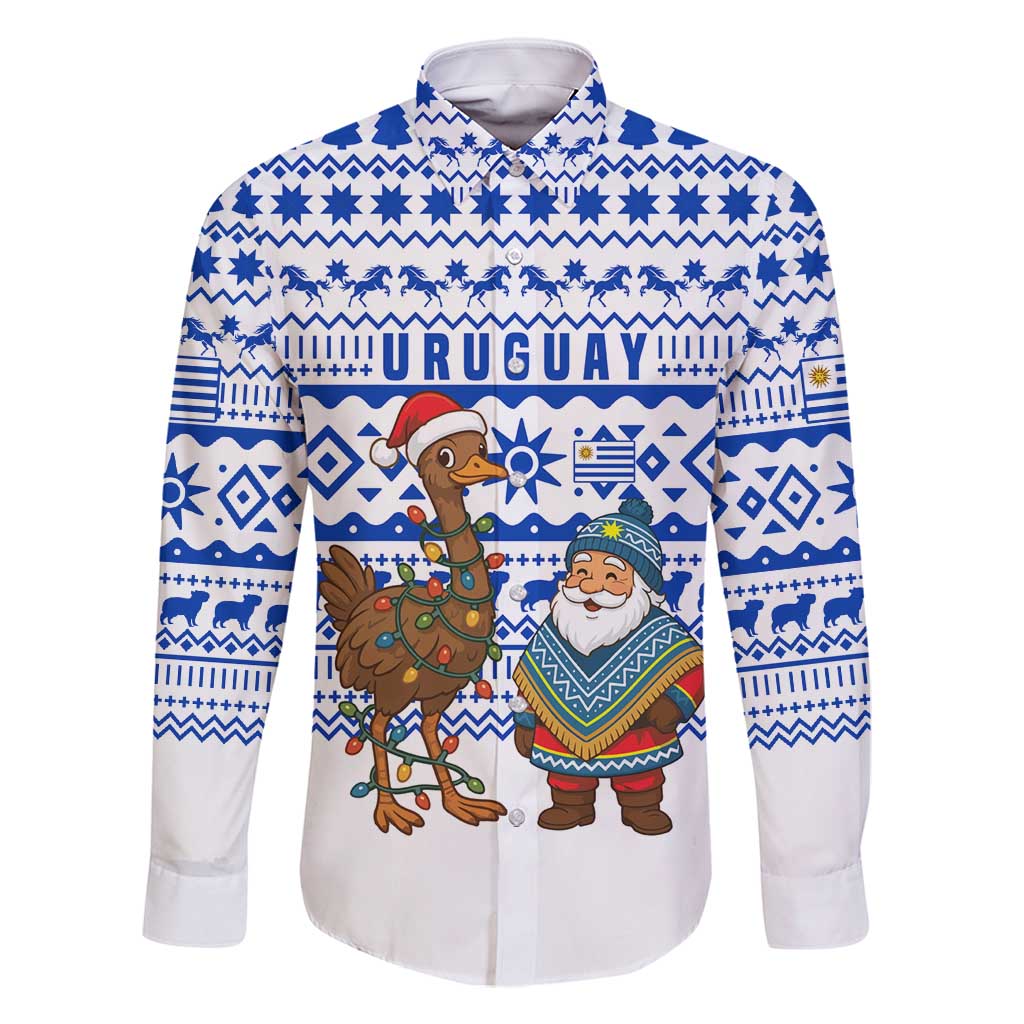 Uruguay Christmas Family Matching Summer Maxi Dress and Hawaiian Shirt with Santa Claus Rhea Bird Holiday Lights and Blue Geometric Pattern - Wonder Print Shop