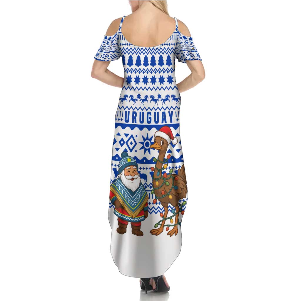 Uruguay Christmas Family Matching Summer Maxi Dress and Hawaiian Shirt with Santa Claus Rhea Bird Holiday Lights and Blue Geometric Pattern - Wonder Print Shop