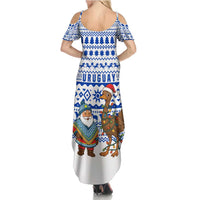 Uruguay Christmas Family Matching Summer Maxi Dress and Hawaiian Shirt with Santa Claus Rhea Bird Holiday Lights and Blue Geometric Pattern - Wonder Print Shop