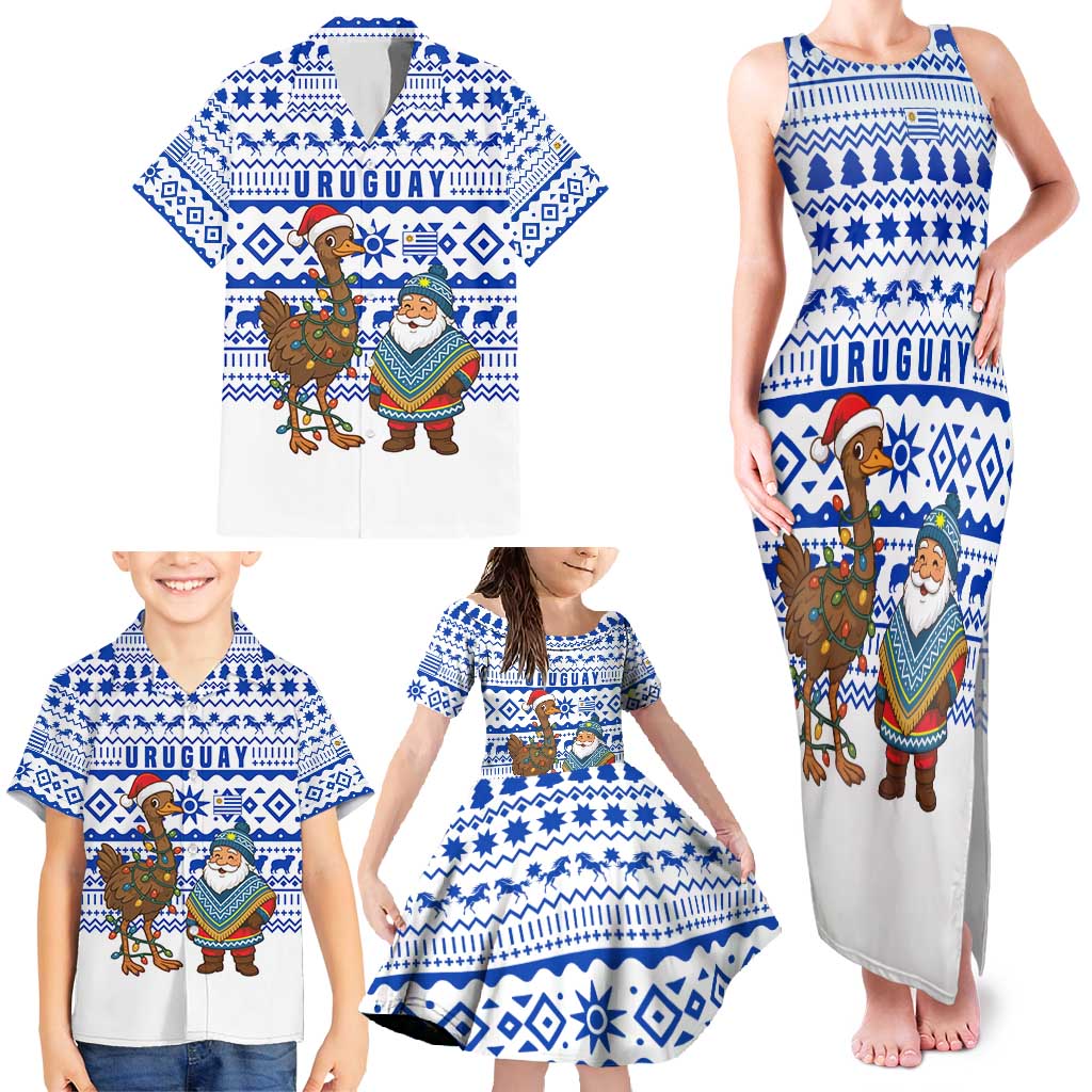 Uruguay Christmas Family Matching Tank Maxi Dress and Hawaiian Shirt with Santa Claus Rhea Bird Holiday Lights and Blue Geometric Pattern - Wonder Print Shop