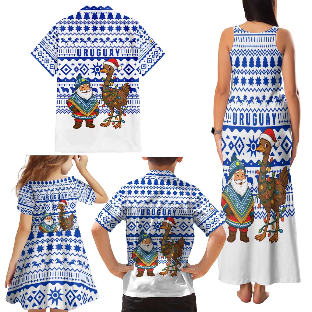 Uruguay Christmas Family Matching Tank Maxi Dress and Hawaiian Shirt with Santa Claus Rhea Bird Holiday Lights and Blue Geometric Pattern - Wonder Print Shop