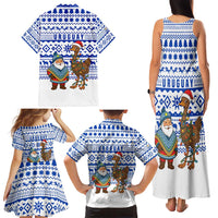 Uruguay Christmas Family Matching Tank Maxi Dress and Hawaiian Shirt with Santa Claus Rhea Bird Holiday Lights and Blue Geometric Pattern - Wonder Print Shop