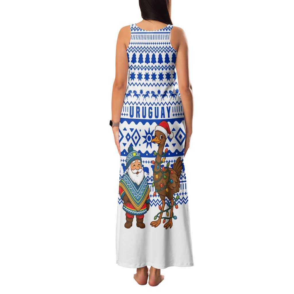 Uruguay Christmas Family Matching Tank Maxi Dress and Hawaiian Shirt with Santa Claus Rhea Bird Holiday Lights and Blue Geometric Pattern - Wonder Print Shop