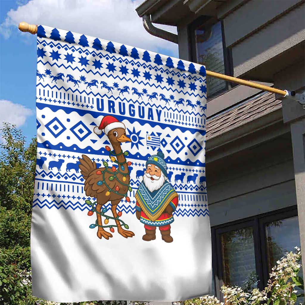 Uruguay Christmas Garden Flag with Santa Claus Rhea Bird Holiday Lights and Blue Geometric Pattern - Wonder Print Shop