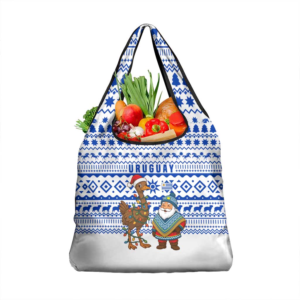 Uruguay Christmas Grocery Bag with Santa Claus Rhea Bird Holiday Lights and Blue Geometric Pattern - Wonder Print Shop