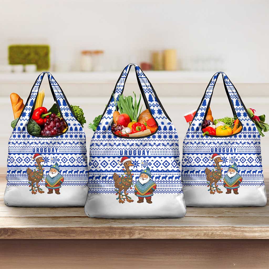 Uruguay Christmas Grocery Bag with Santa Claus Rhea Bird Holiday Lights and Blue Geometric Pattern - Wonder Print Shop