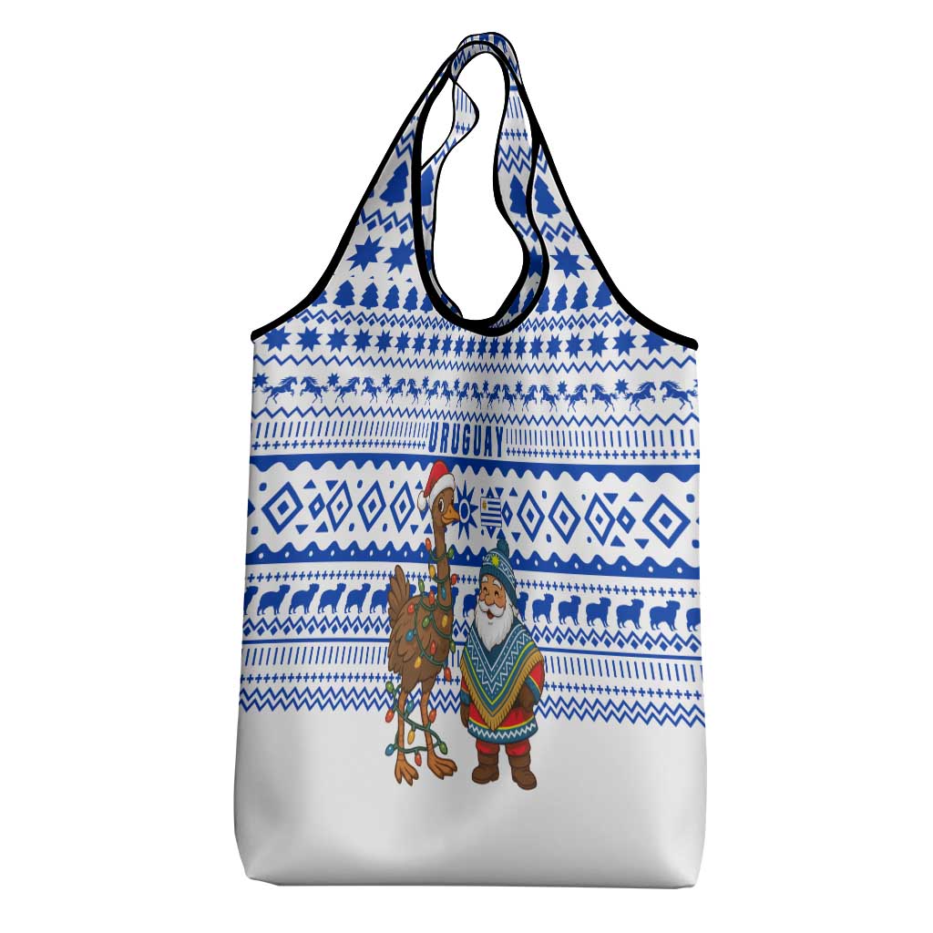 Uruguay Christmas Grocery Bag with Santa Claus Rhea Bird Holiday Lights and Blue Geometric Pattern - Wonder Print Shop