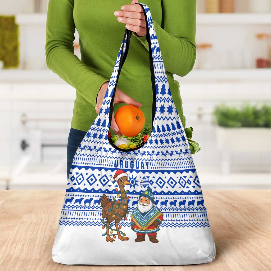 Uruguay Christmas Grocery Bag with Santa Claus Rhea Bird Holiday Lights and Blue Geometric Pattern - Wonder Print Shop