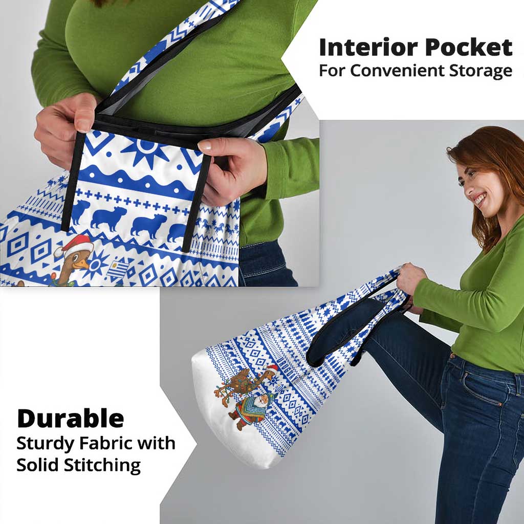 Uruguay Christmas Grocery Bag with Santa Claus Rhea Bird Holiday Lights and Blue Geometric Pattern - Wonder Print Shop