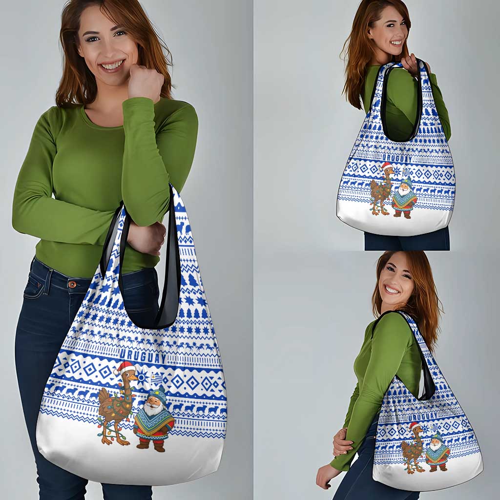 Uruguay Christmas Grocery Bag with Santa Claus Rhea Bird Holiday Lights and Blue Geometric Pattern - Wonder Print Shop