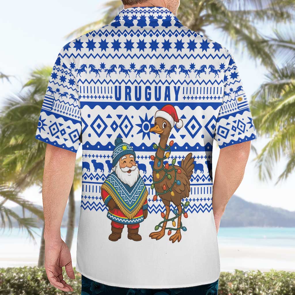 Uruguay Christmas Hawaiian Shirt with Santa Claus Rhea Bird Holiday Lights and Blue Geometric Pattern - Wonder Print Shop