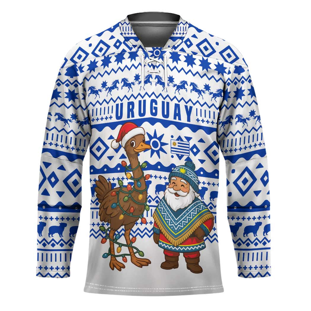 Uruguay Christmas Hockey Jersey with Santa Claus Rhea Bird Holiday Lights and Blue Geometric Pattern - Wonder Print Shop