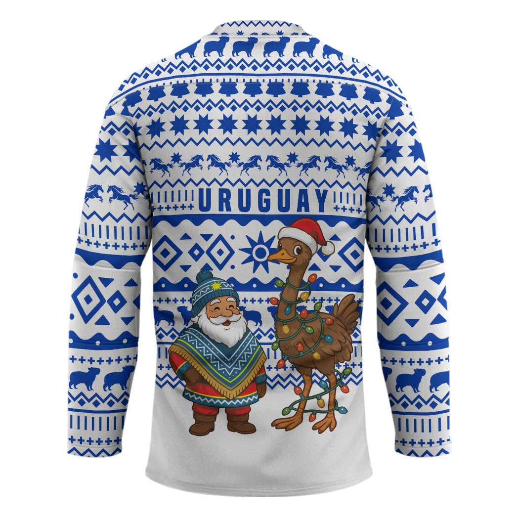 Uruguay Christmas Hockey Jersey with Santa Claus Rhea Bird Holiday Lights and Blue Geometric Pattern - Wonder Print Shop