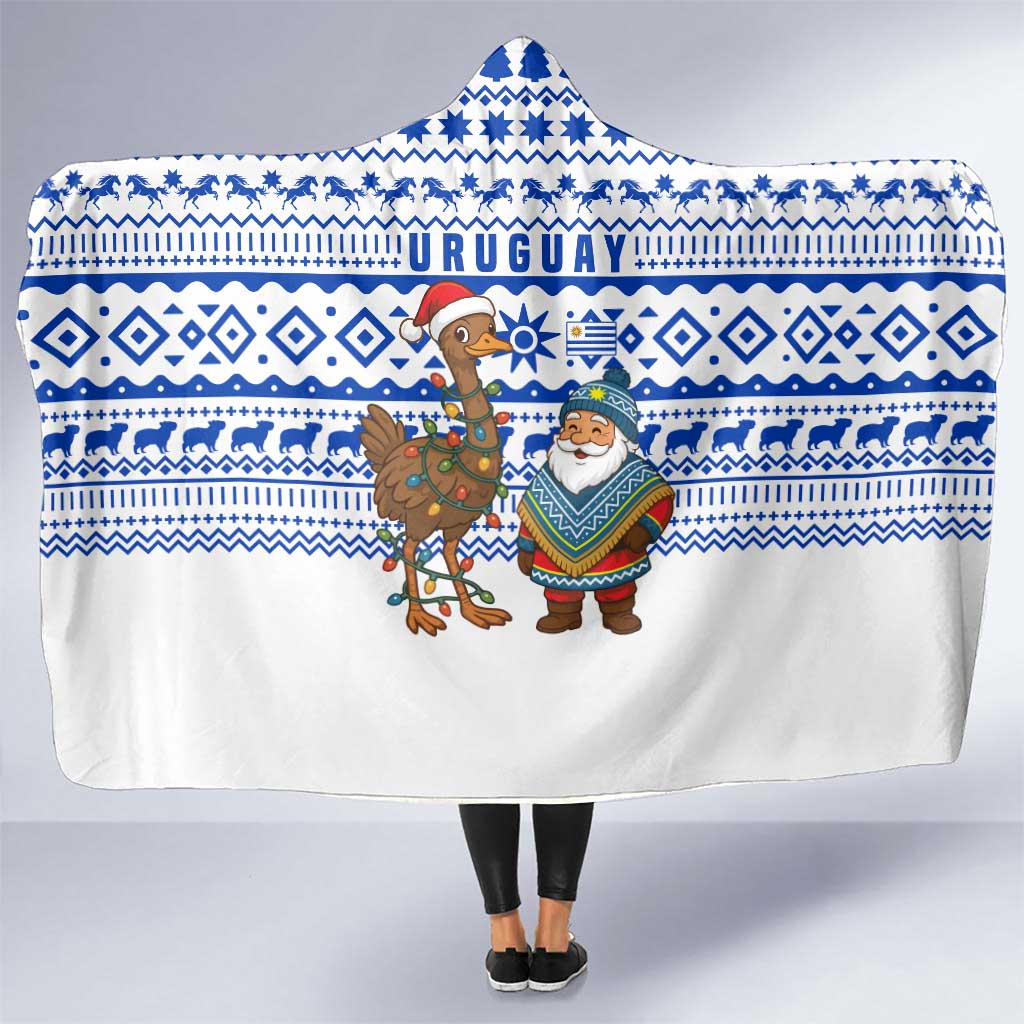 Uruguay Christmas Hooded Blanket with Santa Claus Rhea Bird Holiday Lights and Blue Geometric Pattern - Wonder Print Shop
