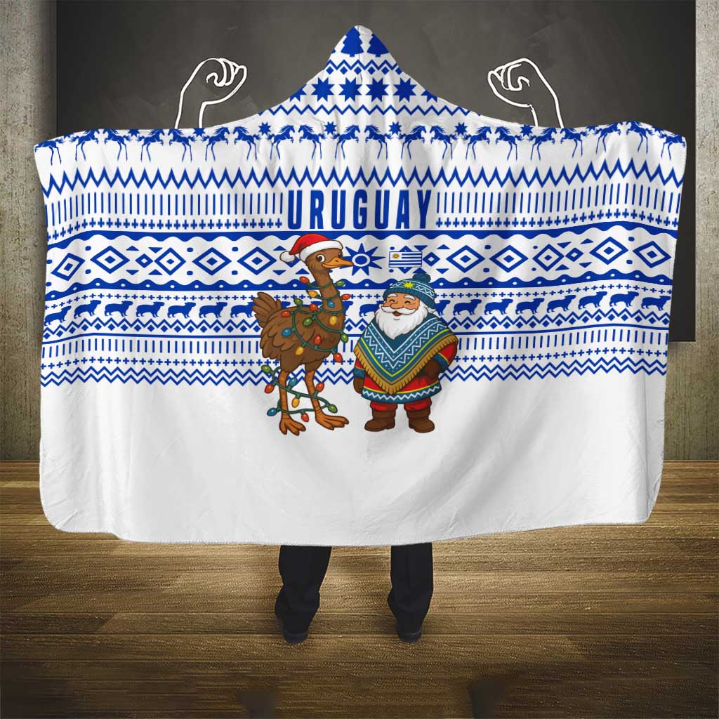Uruguay Christmas Hooded Blanket with Santa Claus Rhea Bird Holiday Lights and Blue Geometric Pattern - Wonder Print Shop