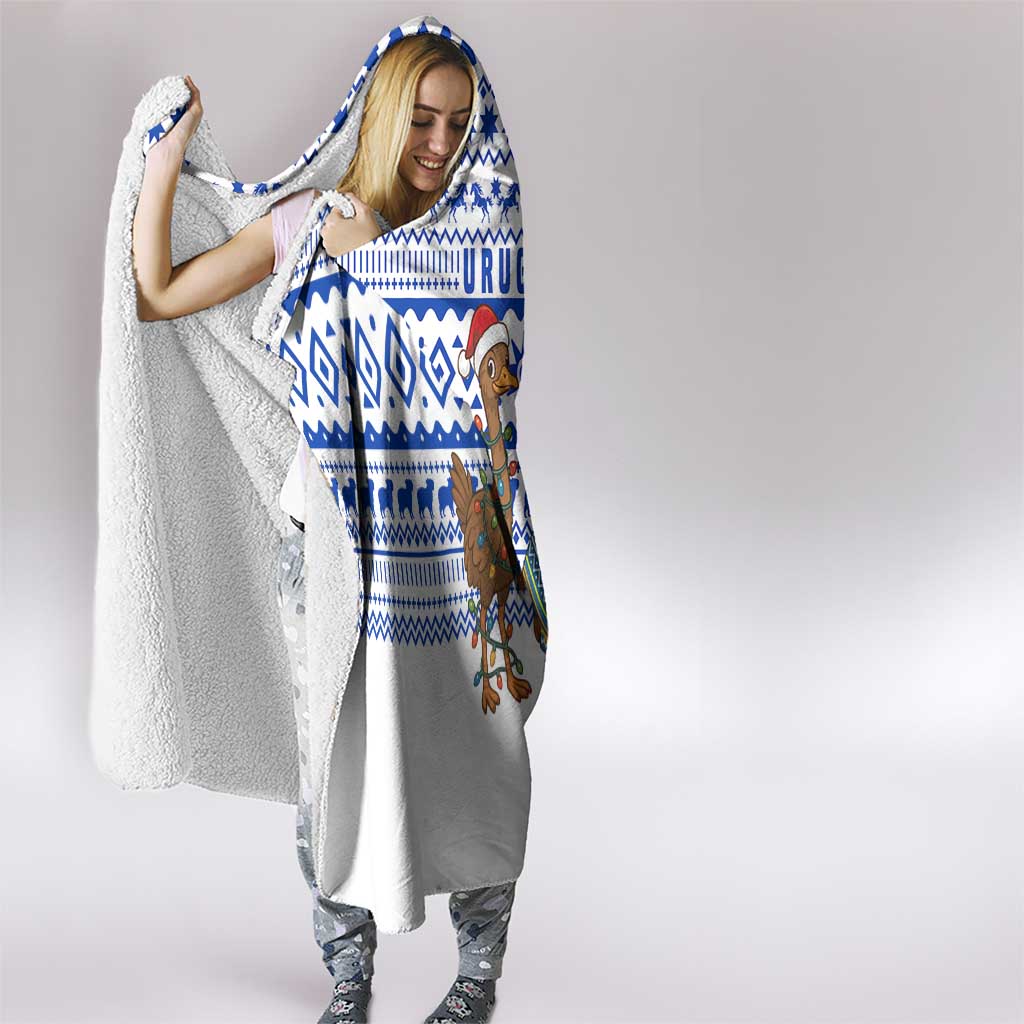 Uruguay Christmas Hooded Blanket with Santa Claus Rhea Bird Holiday Lights and Blue Geometric Pattern - Wonder Print Shop