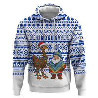 Uruguay Christmas Hoodie with Santa Claus Rhea Bird Holiday Lights and Blue Geometric Pattern - Wonder Print Shop