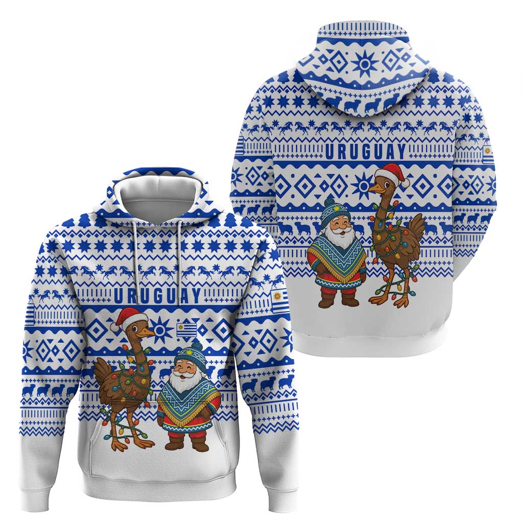 Uruguay Christmas Hoodie with Santa Claus Rhea Bird Holiday Lights and Blue Geometric Pattern - Wonder Print Shop
