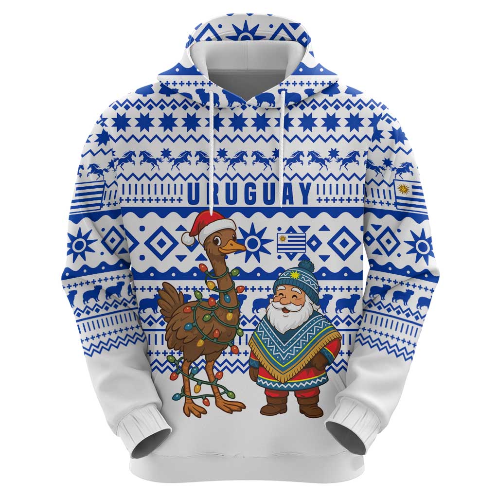 Uruguay Christmas Hoodie with Santa Claus Rhea Bird Holiday Lights and Blue Geometric Pattern - Wonder Print Shop