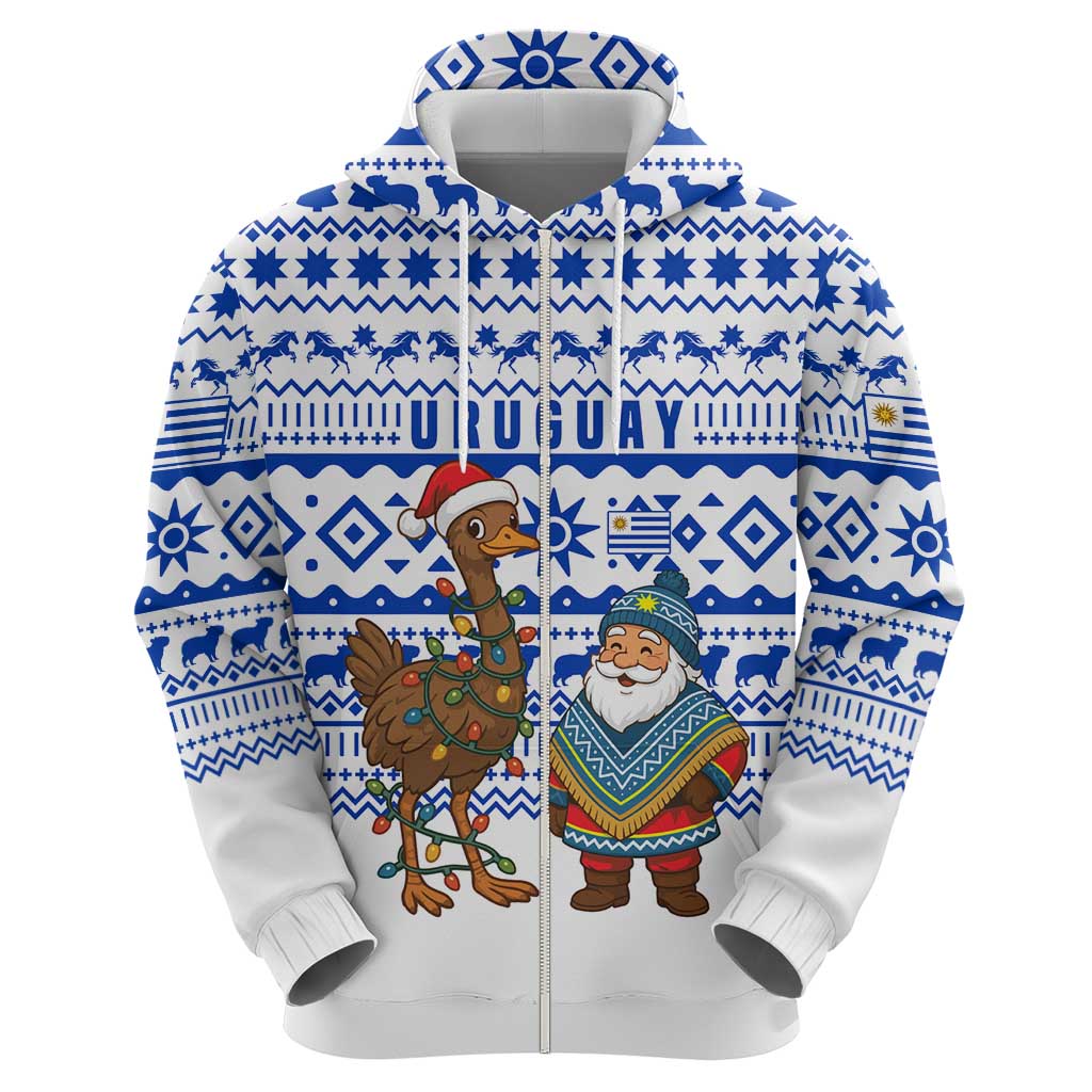 Uruguay Christmas Hoodie with Santa Claus Rhea Bird Holiday Lights and Blue Geometric Pattern - Wonder Print Shop