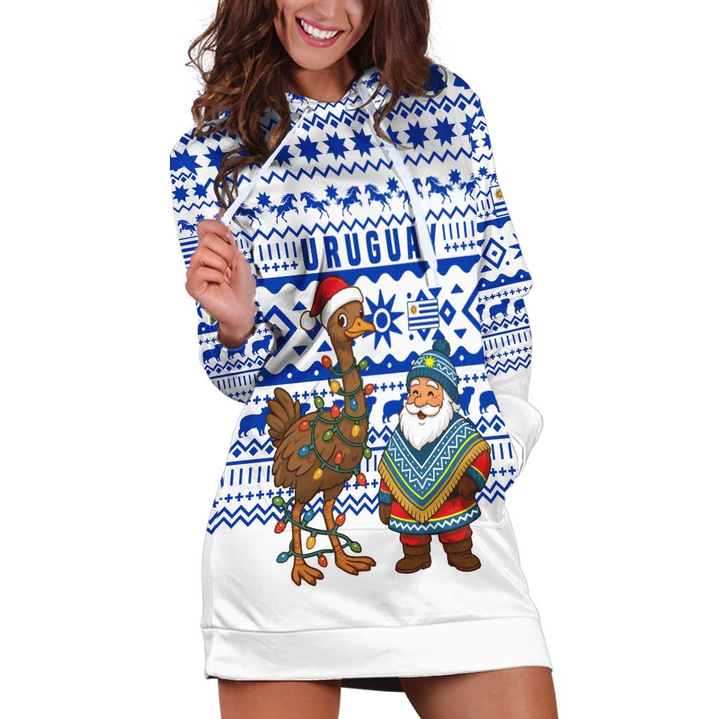 Uruguay Christmas Hoodie Dress with Santa Claus Rhea Bird Holiday Lights and Blue Geometric Pattern - Wonder Print Shop
