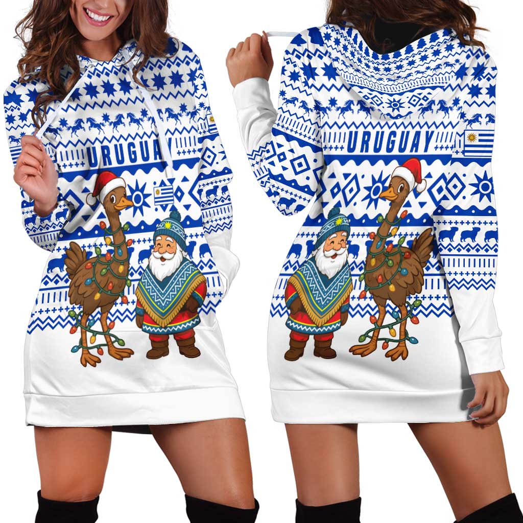 Uruguay Christmas Hoodie Dress with Santa Claus Rhea Bird Holiday Lights and Blue Geometric Pattern - Wonder Print Shop