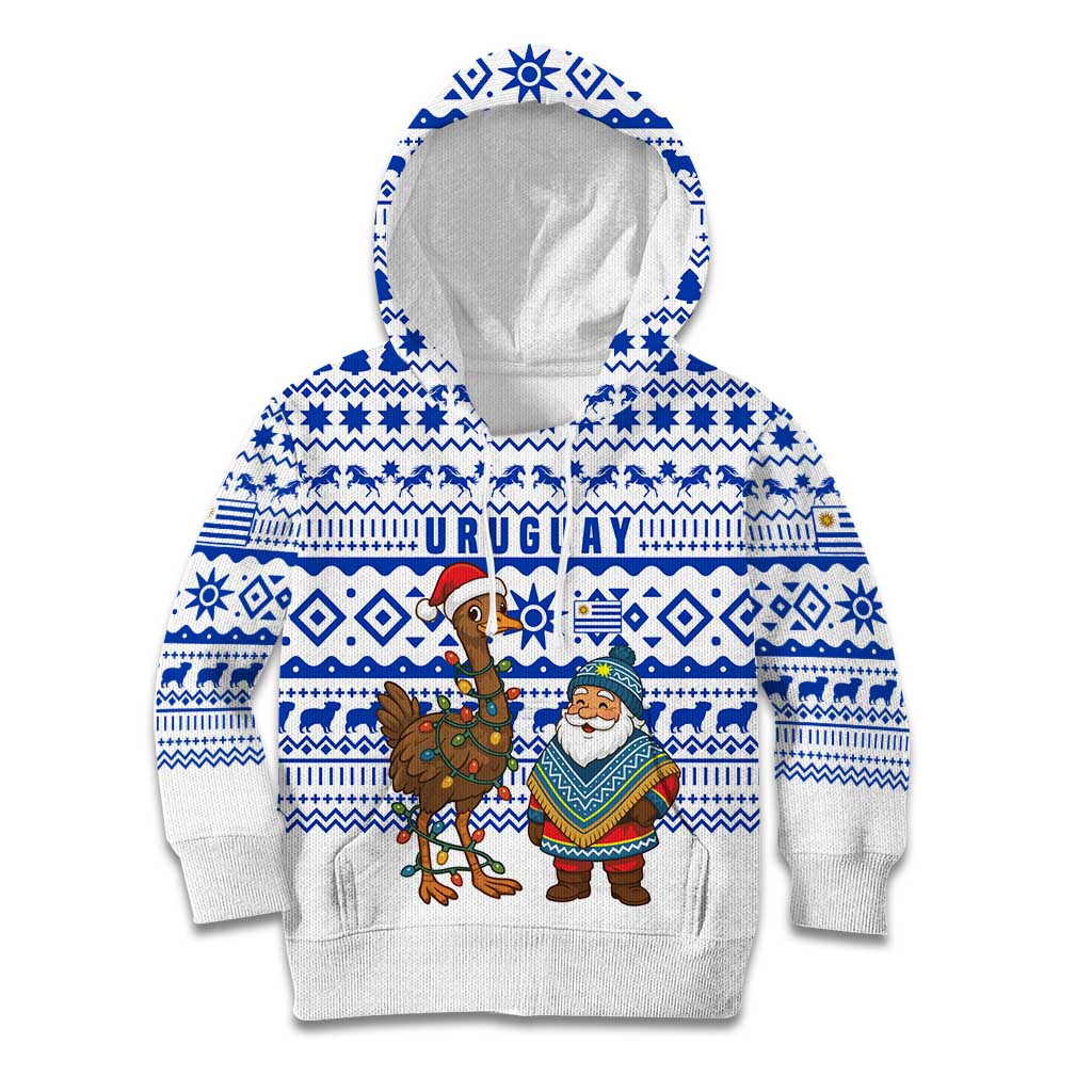 Uruguay Christmas Kid Hoodie with Santa Claus Rhea Bird Holiday Lights and Blue Geometric Pattern - Wonder Print Shop