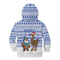 Uruguay Christmas Kid Hoodie with Santa Claus Rhea Bird Holiday Lights and Blue Geometric Pattern - Wonder Print Shop