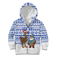 Uruguay Christmas Kid Hoodie with Santa Claus Rhea Bird Holiday Lights and Blue Geometric Pattern - Wonder Print Shop