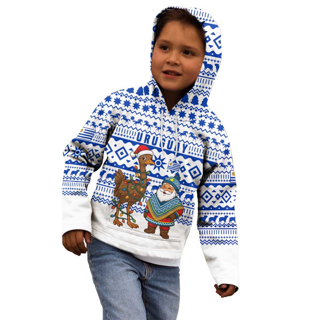 Uruguay Christmas Kid Hoodie with Santa Claus Rhea Bird Holiday Lights and Blue Geometric Pattern - Wonder Print Shop