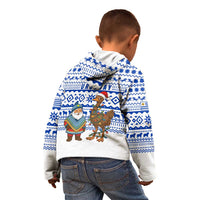 Uruguay Christmas Kid Hoodie with Santa Claus Rhea Bird Holiday Lights and Blue Geometric Pattern - Wonder Print Shop