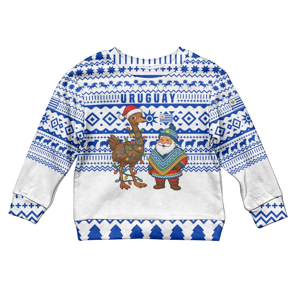 Uruguay Christmas Kid Ugly Christmas Sweater with Santa Claus Rhea Bird Holiday Lights and Blue Geometric Pattern - Wonder Print Shop