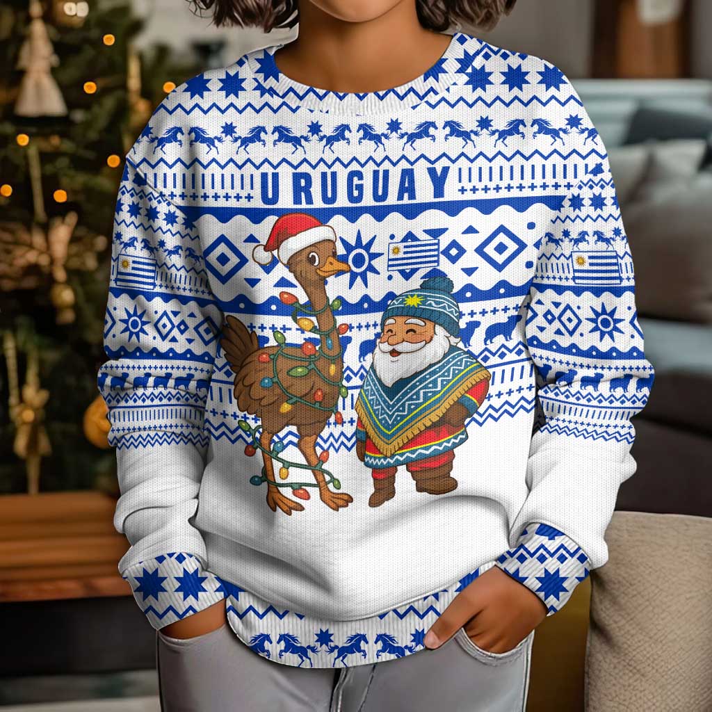 Uruguay Christmas Kid Ugly Christmas Sweater with Santa Claus Rhea Bird Holiday Lights and Blue Geometric Pattern - Wonder Print Shop