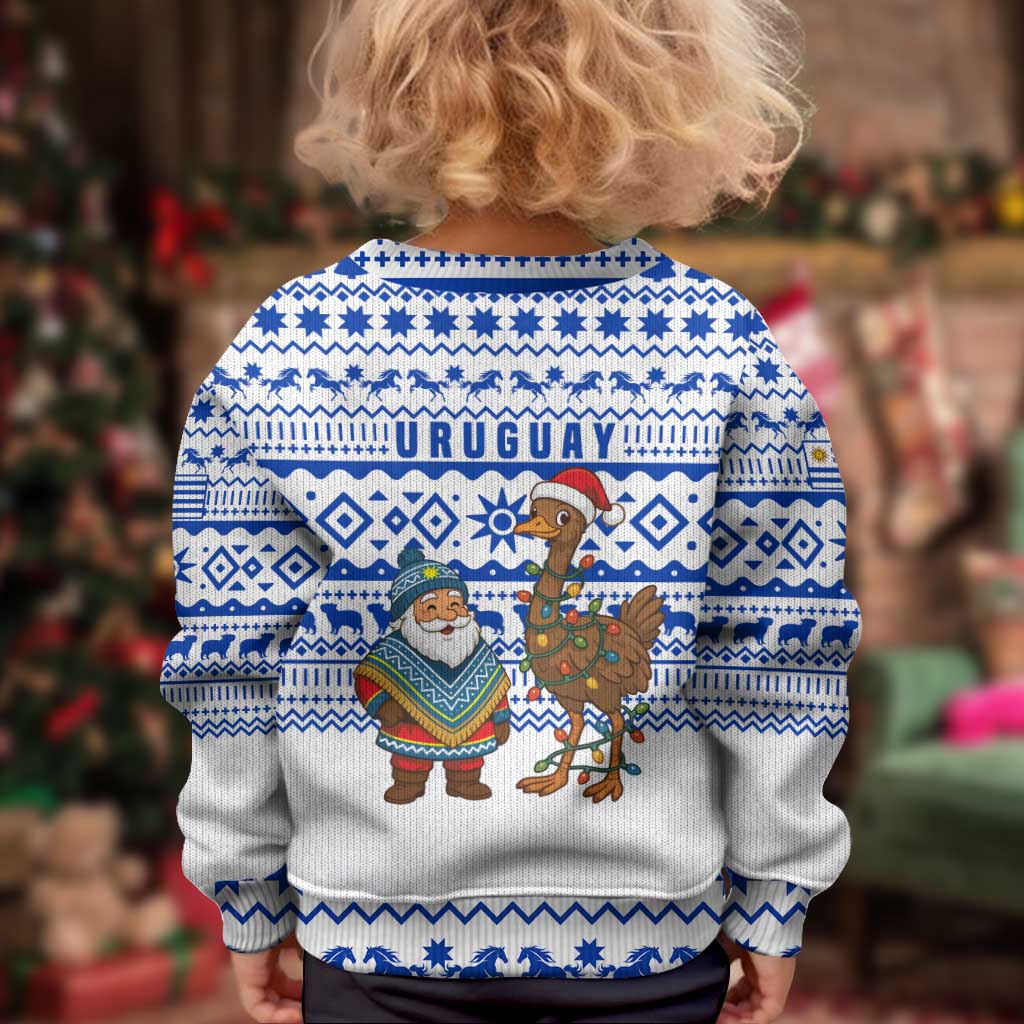 Uruguay Christmas Kid Ugly Christmas Sweater with Santa Claus Rhea Bird Holiday Lights and Blue Geometric Pattern - Wonder Print Shop