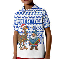 Uruguay Christmas Kid Polo Shirt with Santa Claus Rhea Bird Holiday Lights and Blue Geometric Pattern - Wonder Print Shop