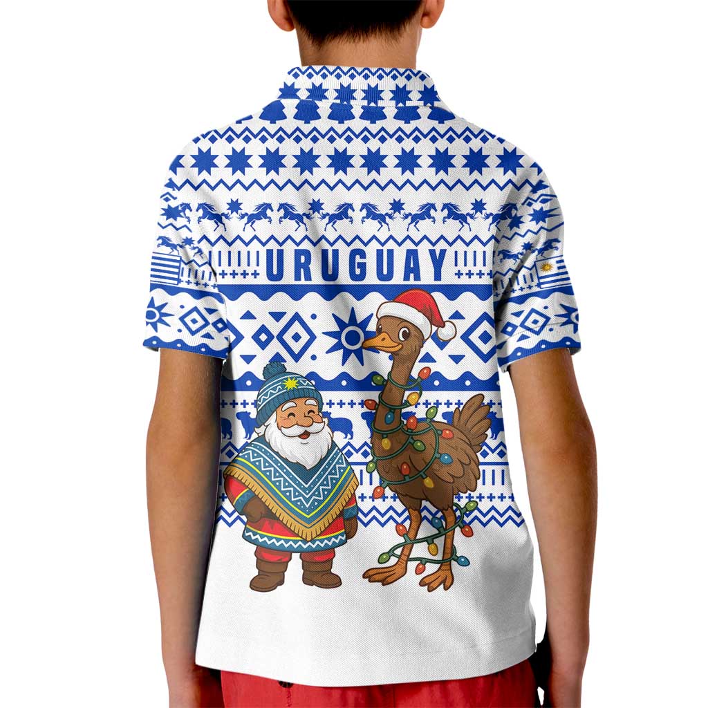Uruguay Christmas Kid Polo Shirt with Santa Claus Rhea Bird Holiday Lights and Blue Geometric Pattern - Wonder Print Shop